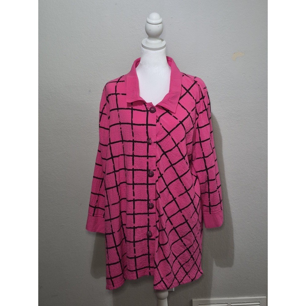 Ali Miles Top Women's Large Pink Black Blouse Button Up Geometric Lagenlook Boho